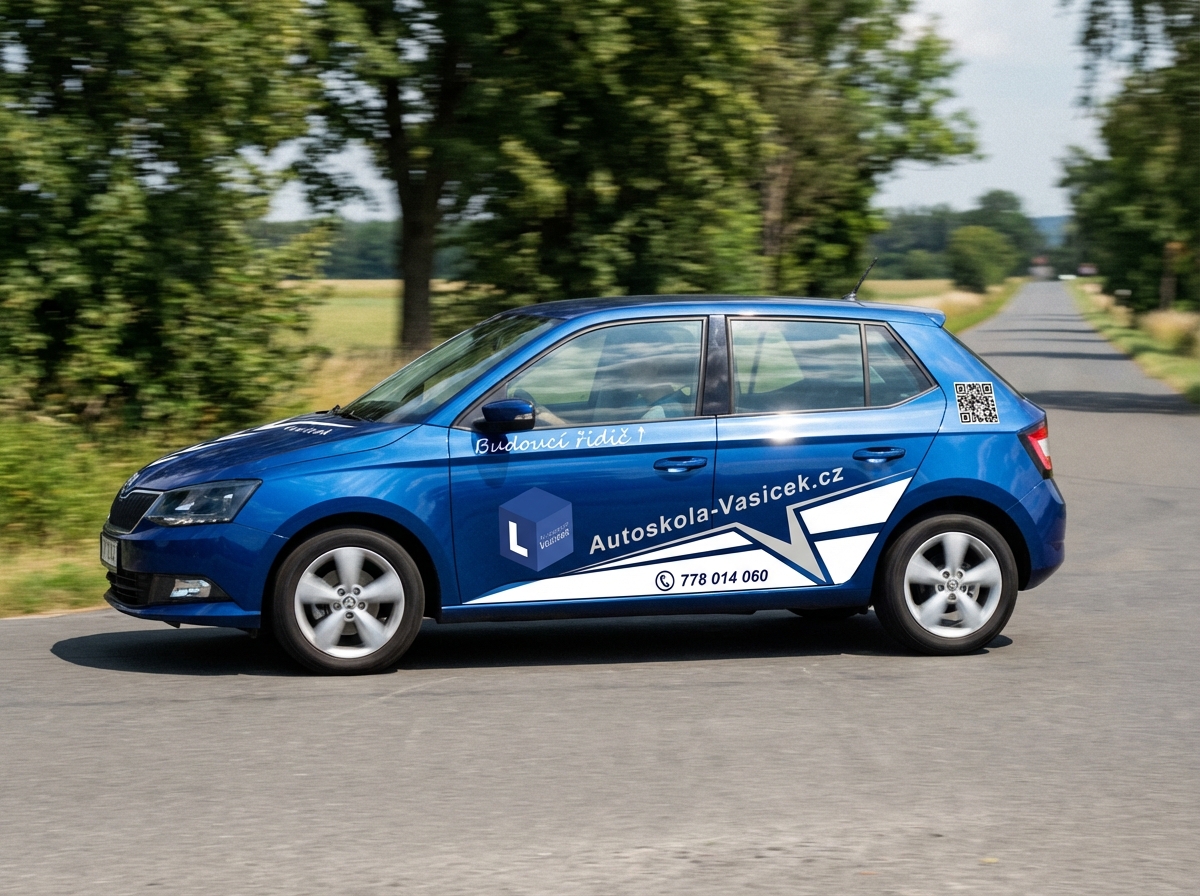 Výukové vozidlo Autoškola Vašíček - Modrá Škoda Fabia s profesionálním polep